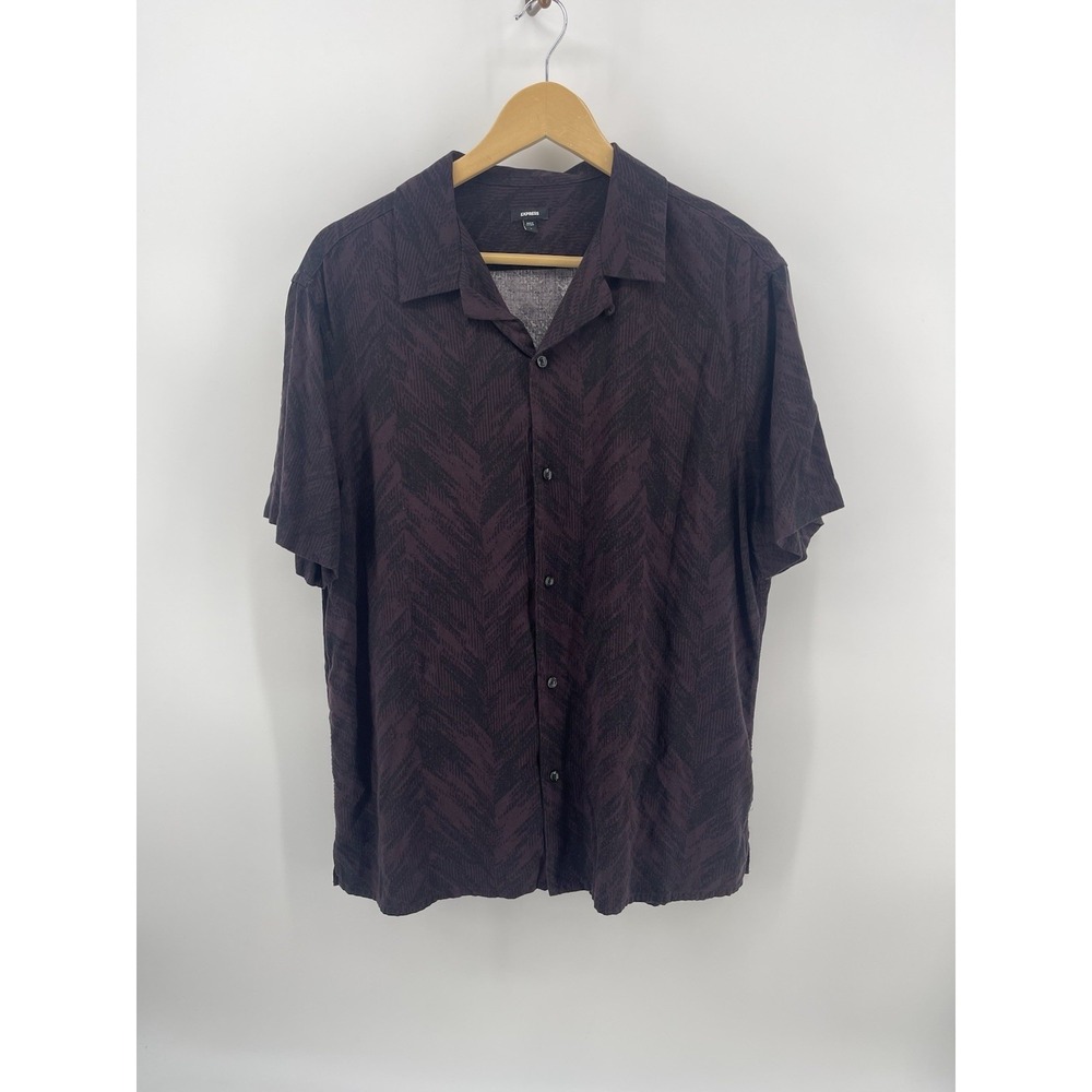 Express Men's Rayon Button Up Shirt‎ Large Ocher Black Chevron Camp Casual Y2K